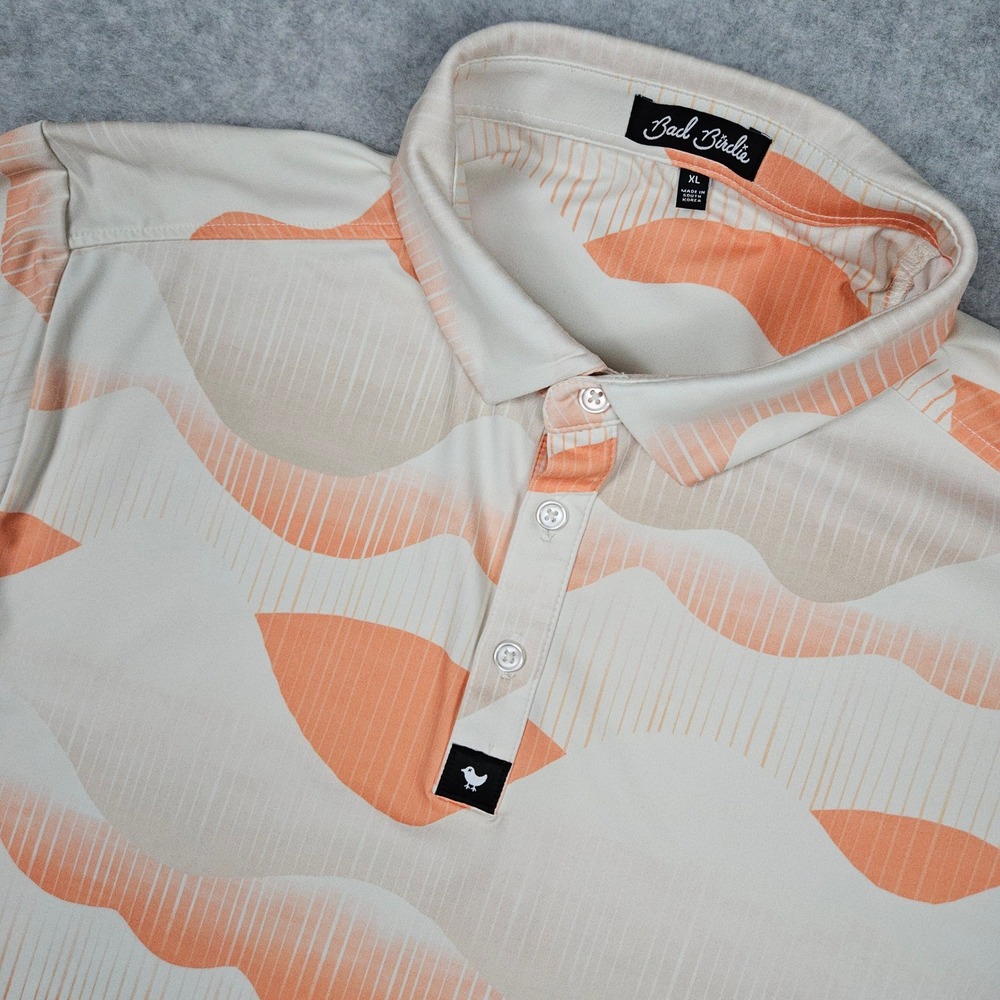 Bad Birdie Men XL Orange Cream Polo Shirt Abstract Wave Performance Golf Stretch